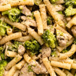 A full frame of chicken broccoli and ziti.