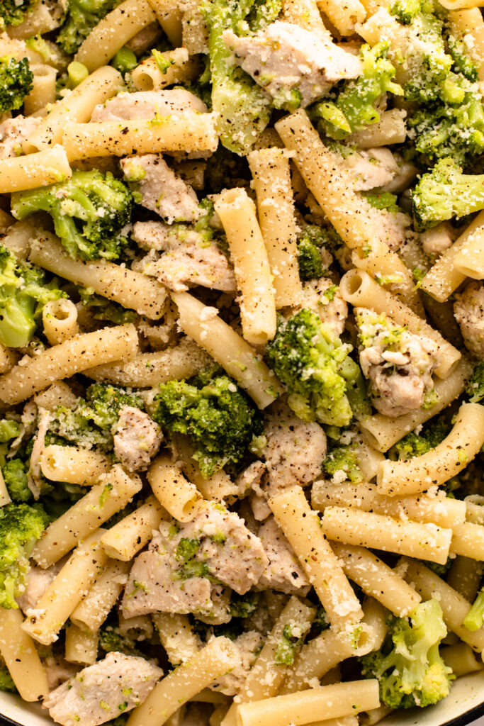 A full frame of chicken broccoli and ziti.