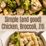 A pot of chicken, broccoli and ziti, and a serving of it in a bowl with a sprinkle of parm cheese.