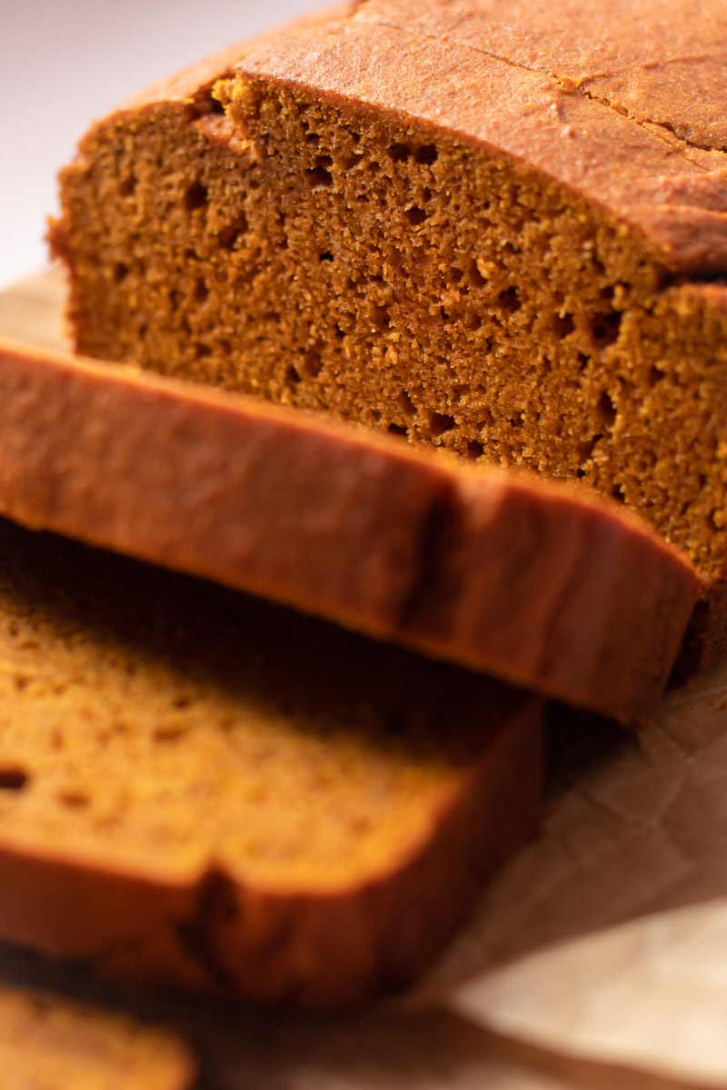 Sliced whole wheat pumpkin bread.