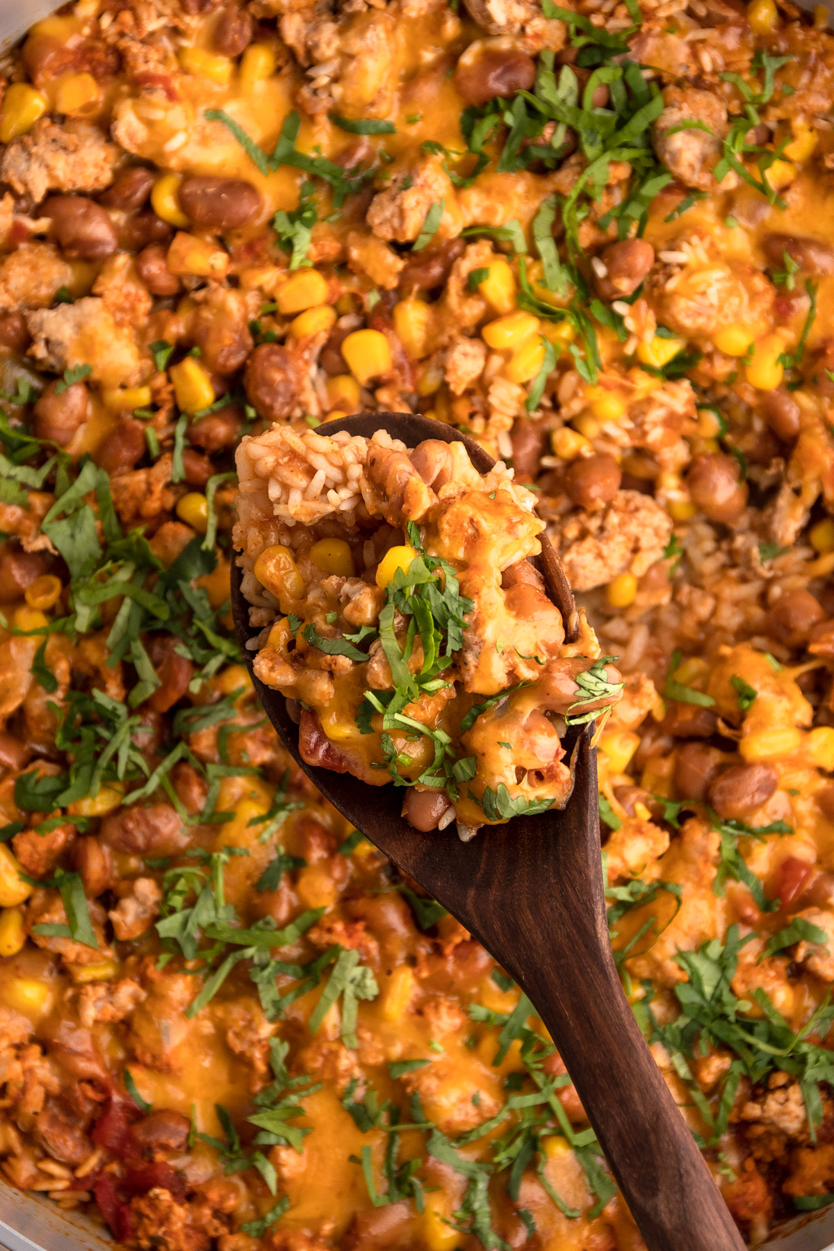 Turkey taco rice skillet with cilantro on top.