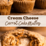 Carrot cake muffins baked and with a bite taken out to reveal the cream cheese center.