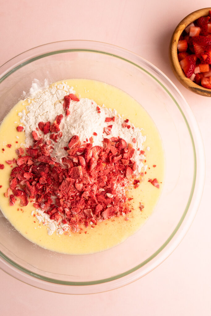 Strawberry muffin batter being made.