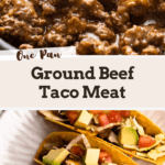 Cooked ground beef taco meat in a skillet and inside of tacos.