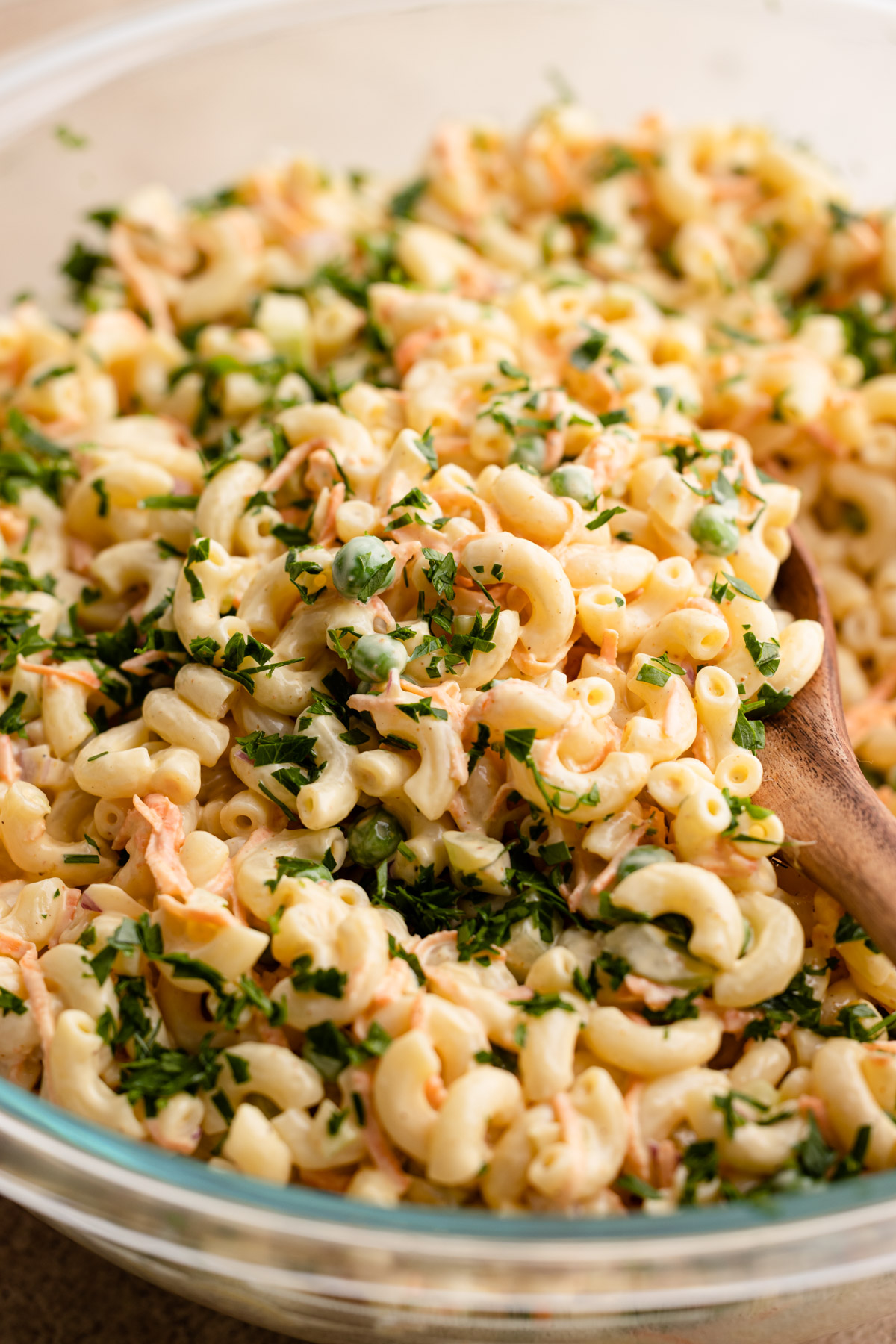 Creamy macaroni salad up close.