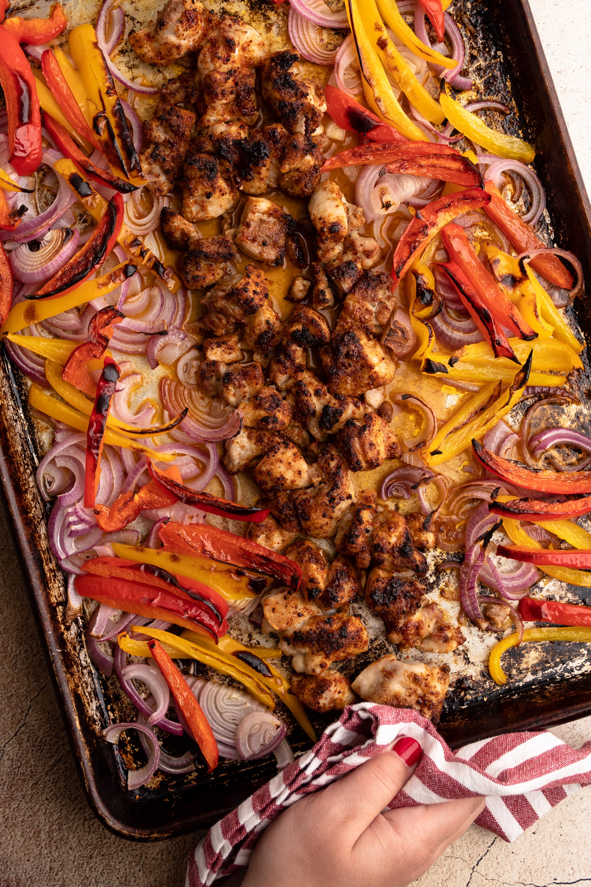 Sheet pan chicken fajitas.