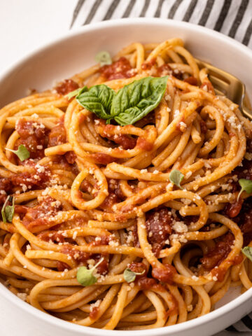 A bowl of pasta made with tomato sauce cooked in the slow cooker.