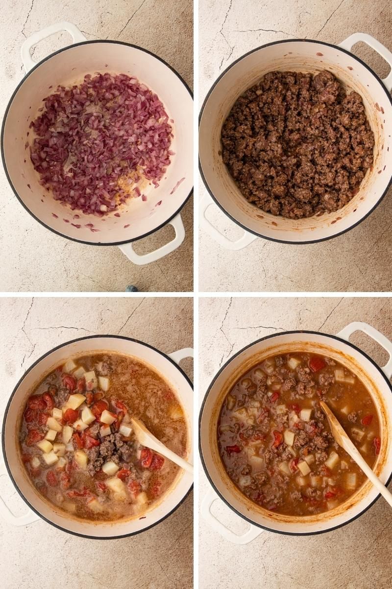 A representation of the different steps of making cheeseburger soup.