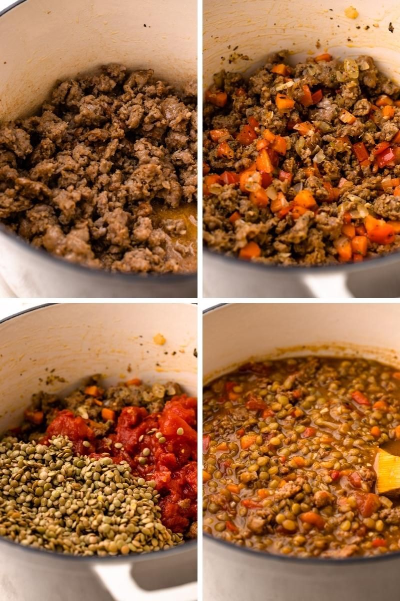 Steps of making sausage lentil soup.