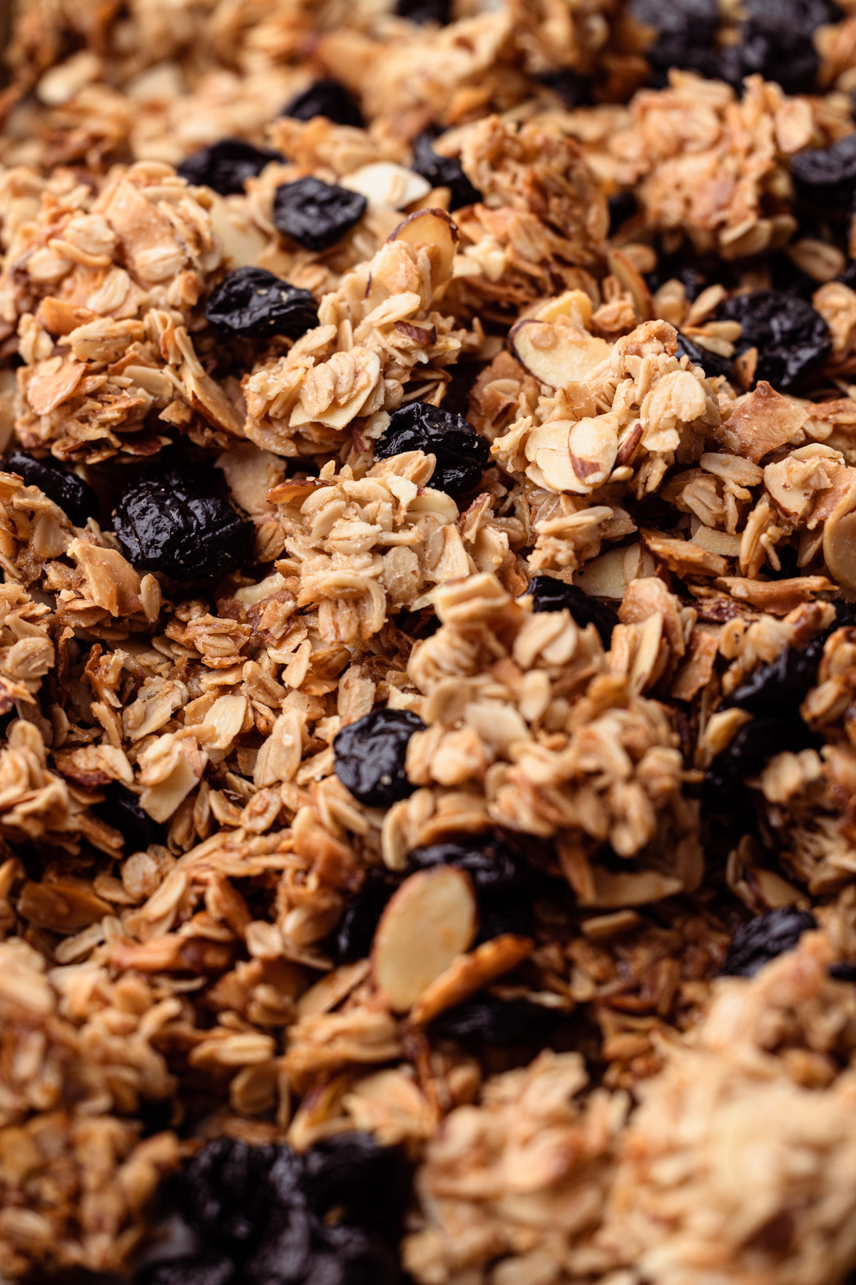 A close up of almond cherry granola.