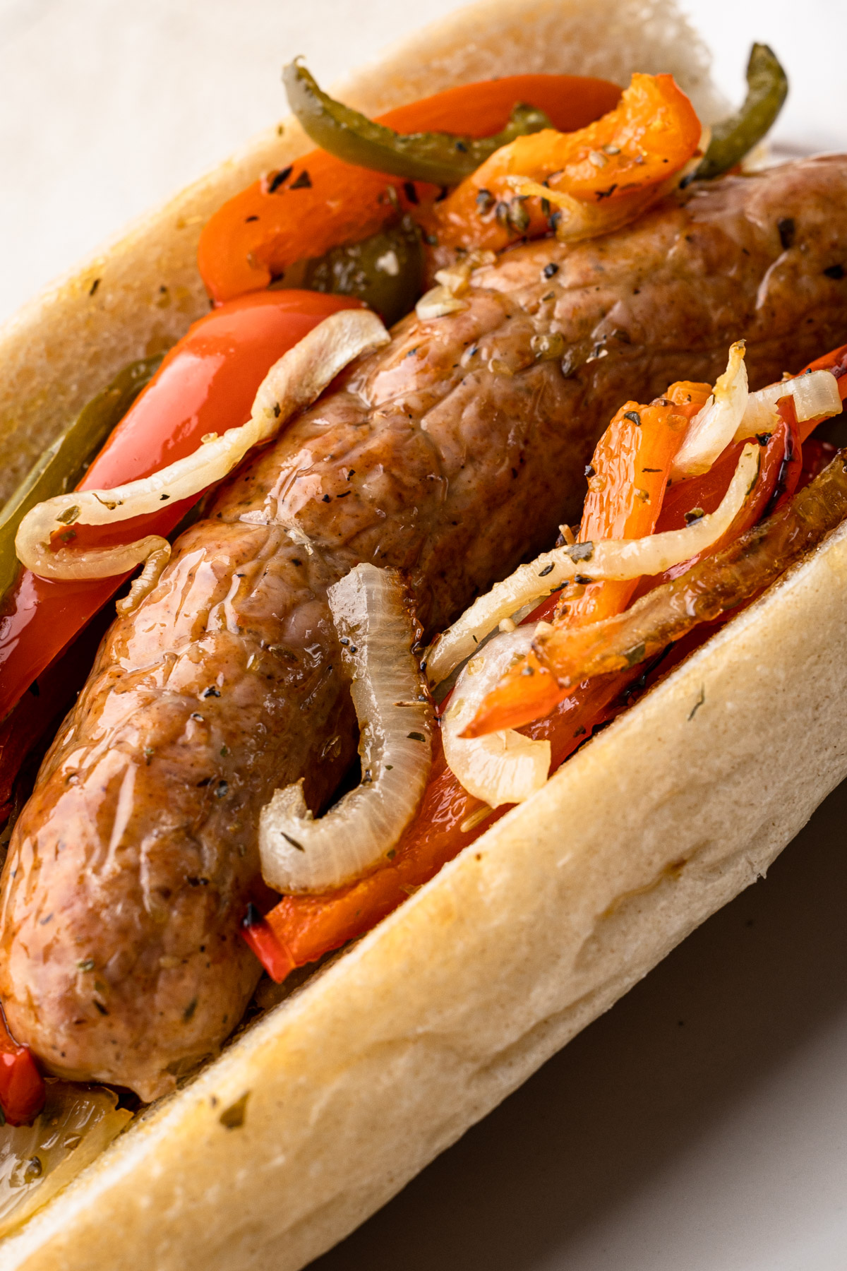 Baked sausage peppers and onions served on a sub roll.