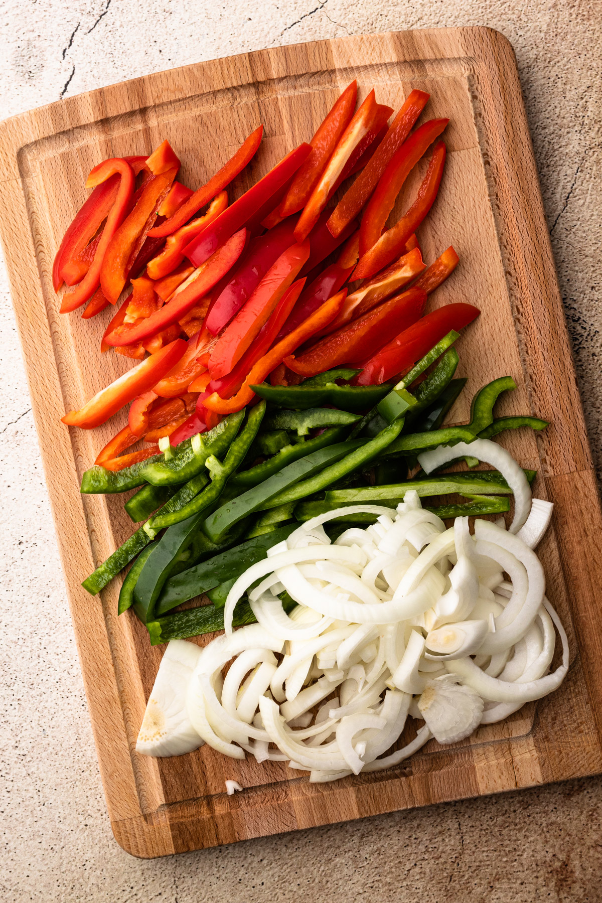 Sliced peppers and onions.