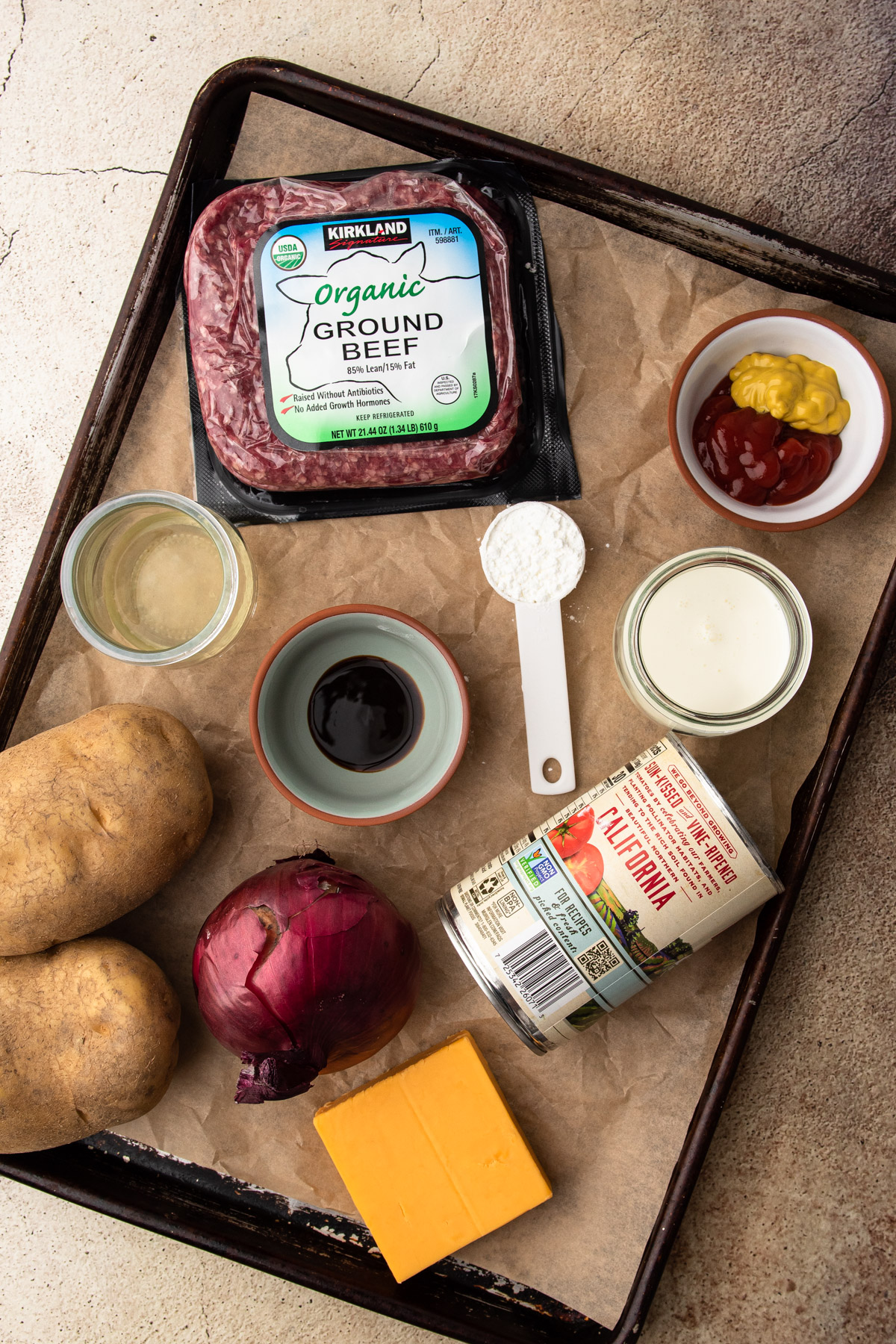 Ingredients for cheeseburger soup.