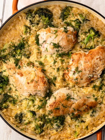 One pan cheesy chicken and orzo.
