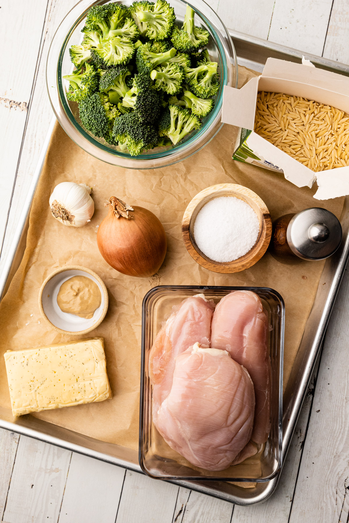 Ingredients for chicken and orzo bake.