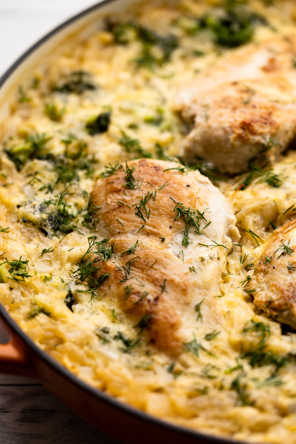 Chicken and orzo bake with cheese and dill.