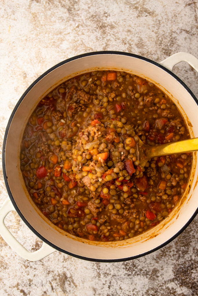 Sausage lentil soup after being cooked.