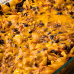 Taco pasta in a casserole dish.