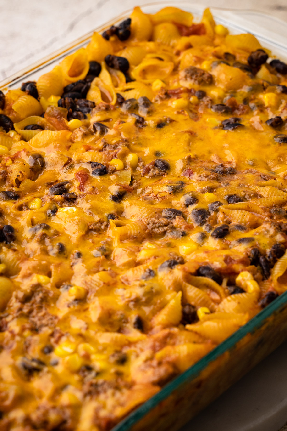 Taco pasta in a casserole dish.