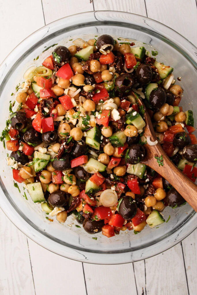 A chickpea salad in a bowl.