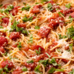 A pot of tomato basil pasta.