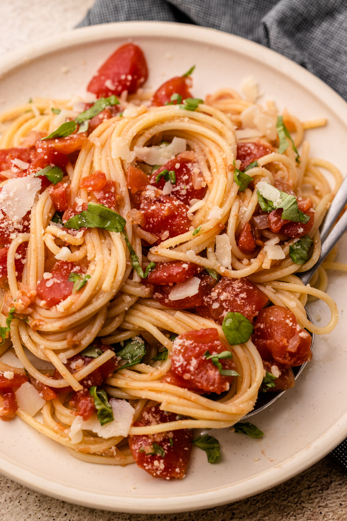 A plate of tomato basil pasta.