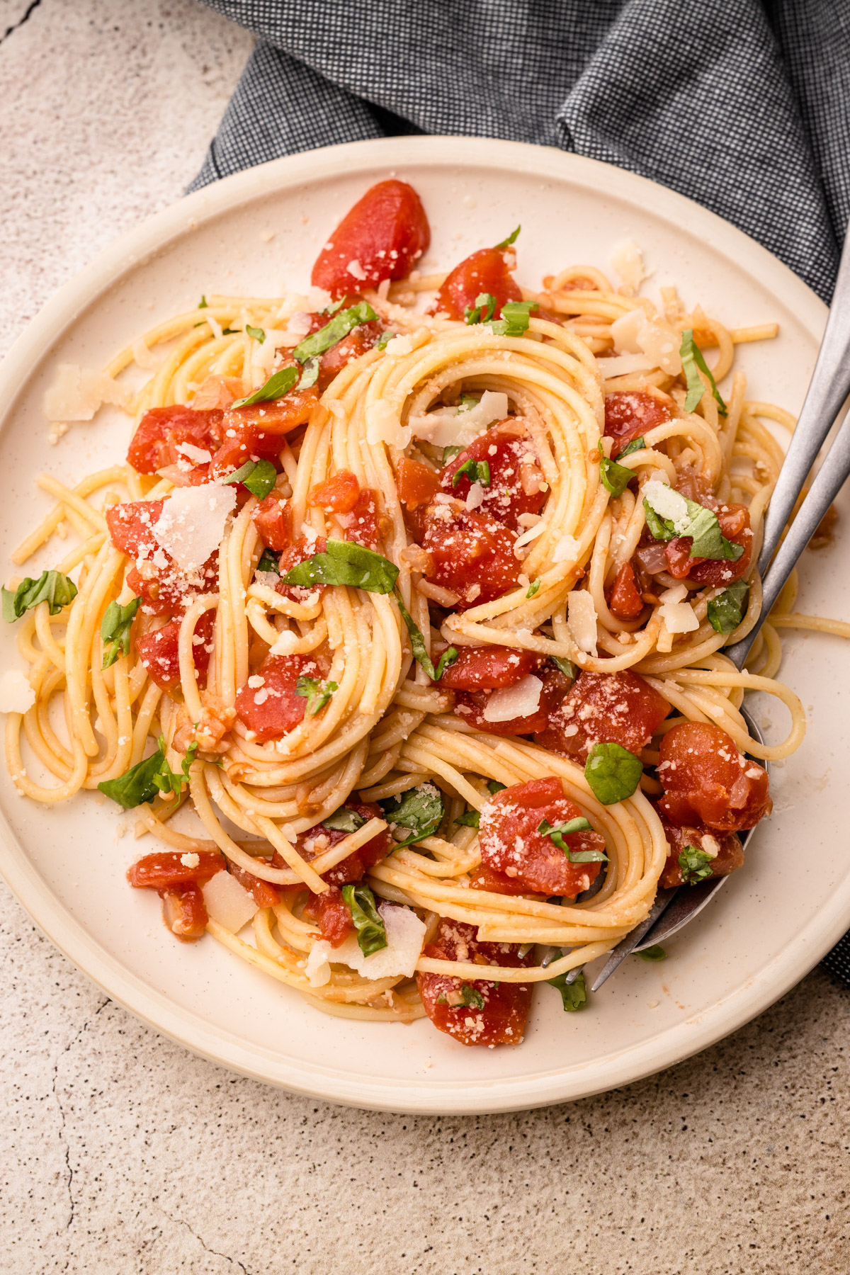 A plate of tomato basil pasta.