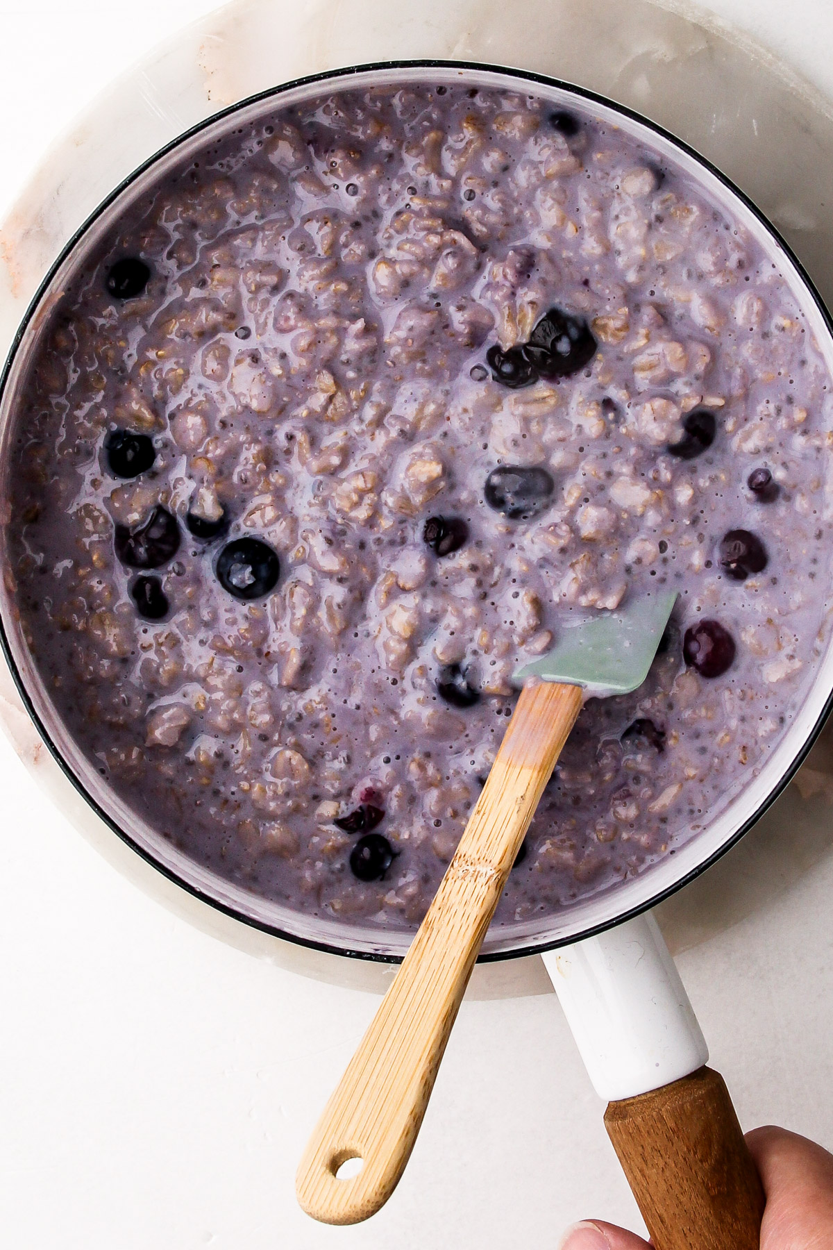 Cooked blueberry oatmeal.