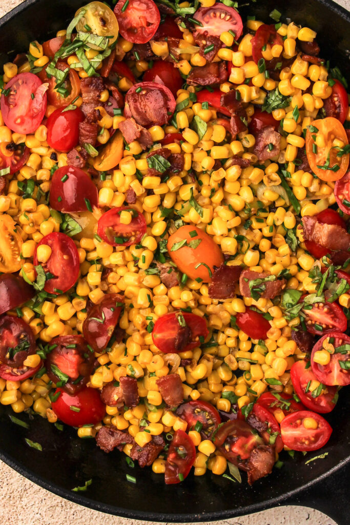 Corn succotash in a pan.