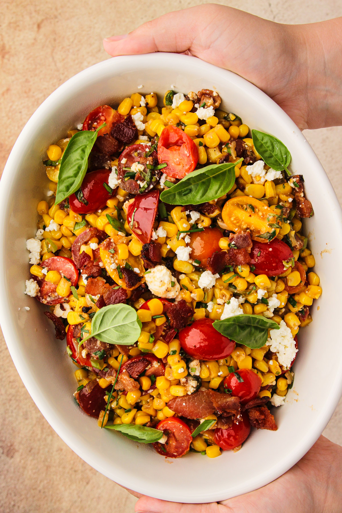 Corn succotash with bacon, tomatoes and feta.