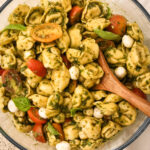 A prepared bowl of tortellini salad.