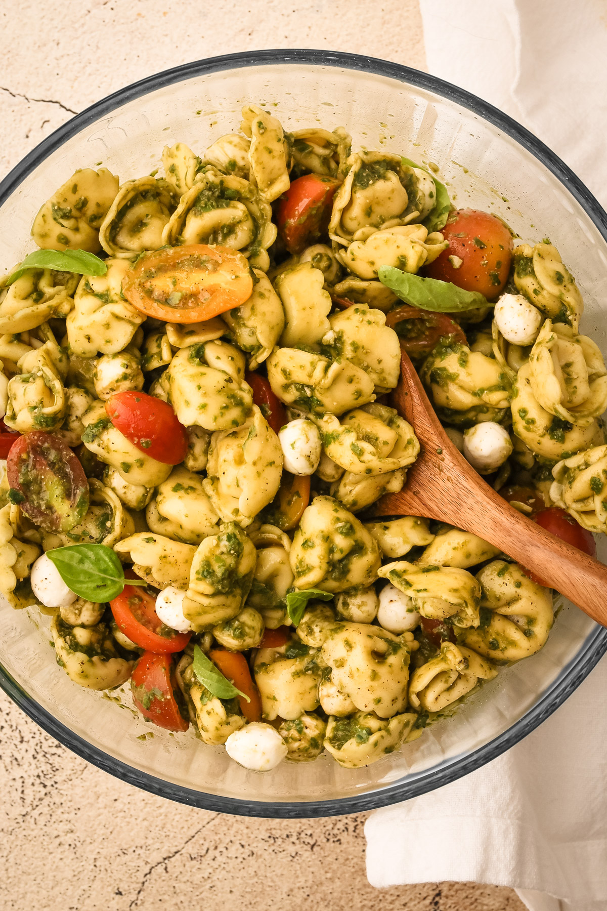 A prepared bowl of tortellini salad.