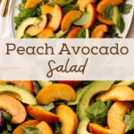 Peach and avocado salad with greens on a white plate with gold utensils and close up.