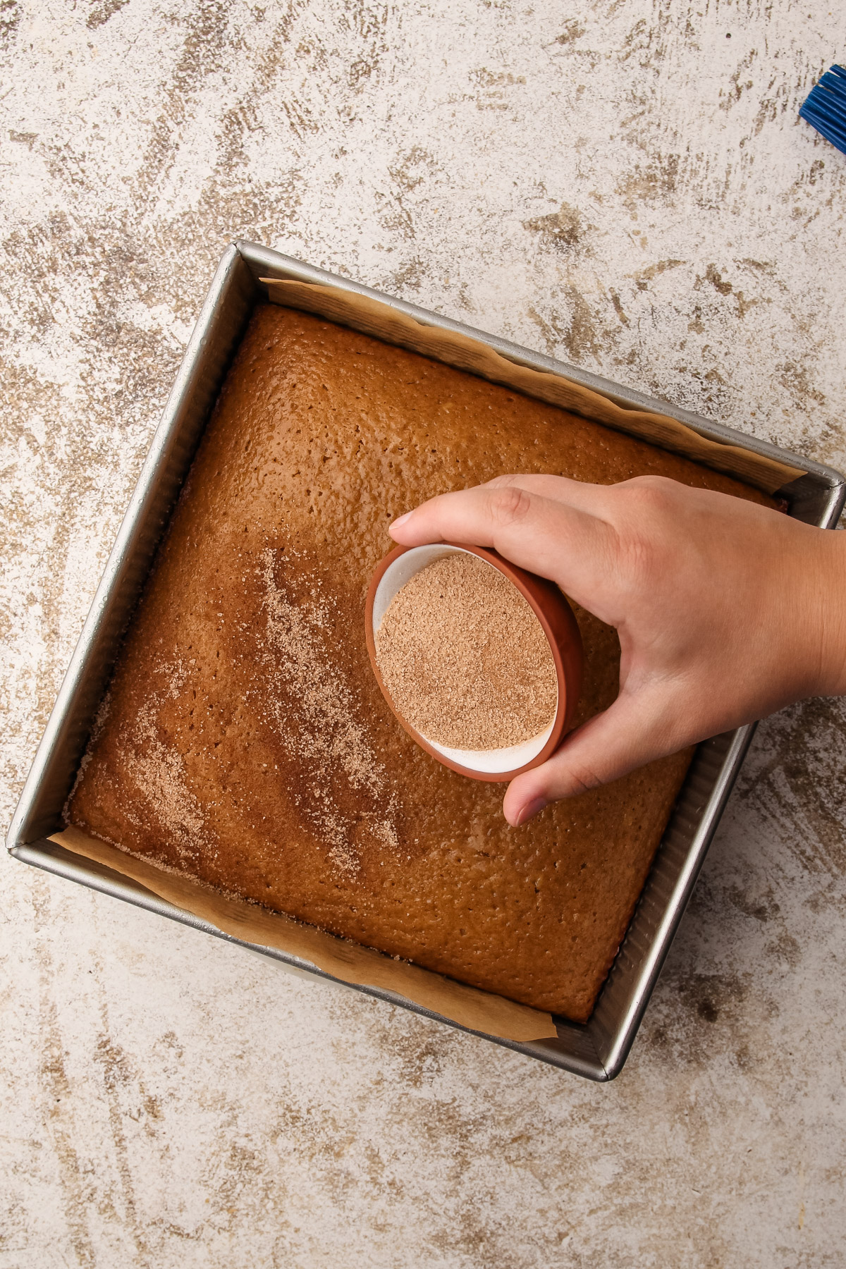 A hand holding a small bowl filled with cinnamon sugar, sprinkling it from the bowl onto the top of a baked apple cider donut cake.