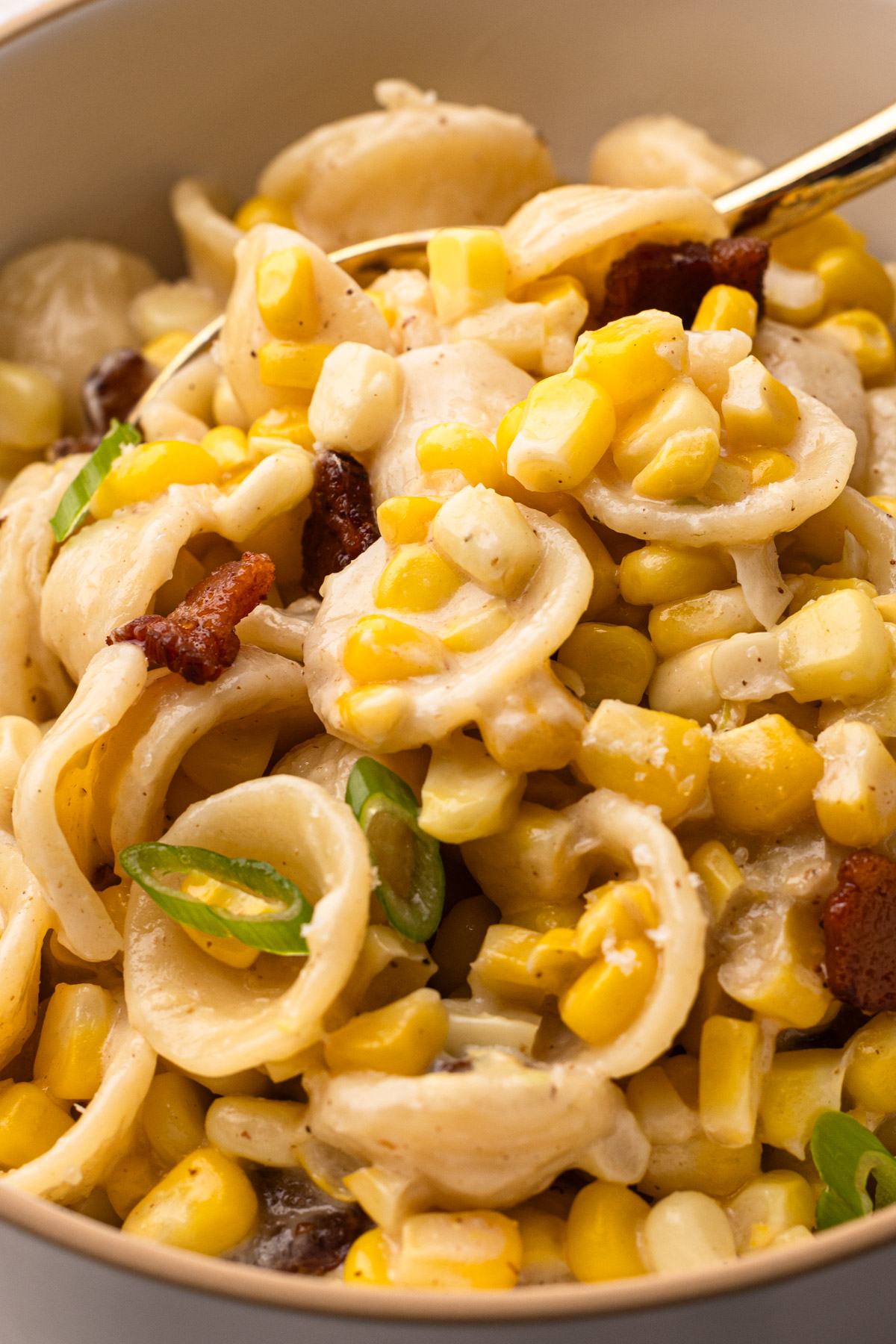 A close up of the creamy corn pasta with bacon in a bowl.