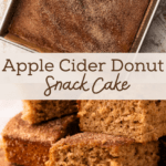 A baked and sliced apple cider donut cake.