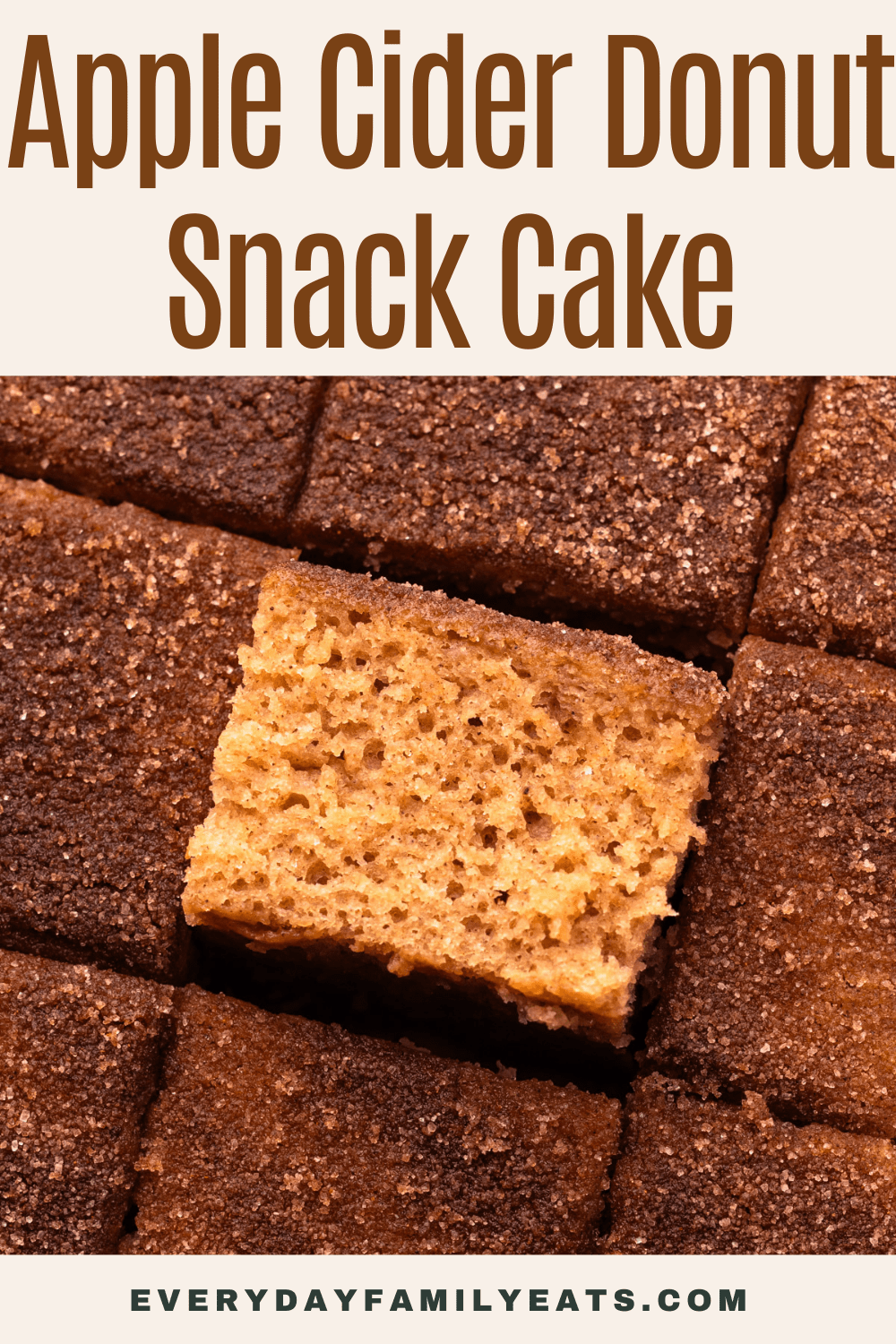 A baked and sliced apple cider donut cake.