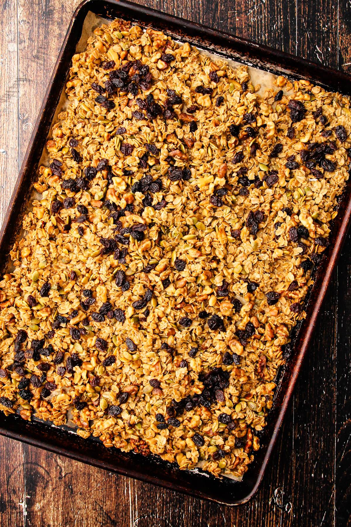 A sheetpan of baked maple walnut granola.