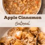 A pot with cooked apple oatmeal and a bowl with the finished dish, garnished with cream and cinnamon.