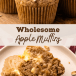 A stack of baked apple oat muffins, with one muffin split open with melted butter spread on top.