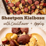 A sheetpan and a plate of roasted kielbasa, vegetables, and apples.