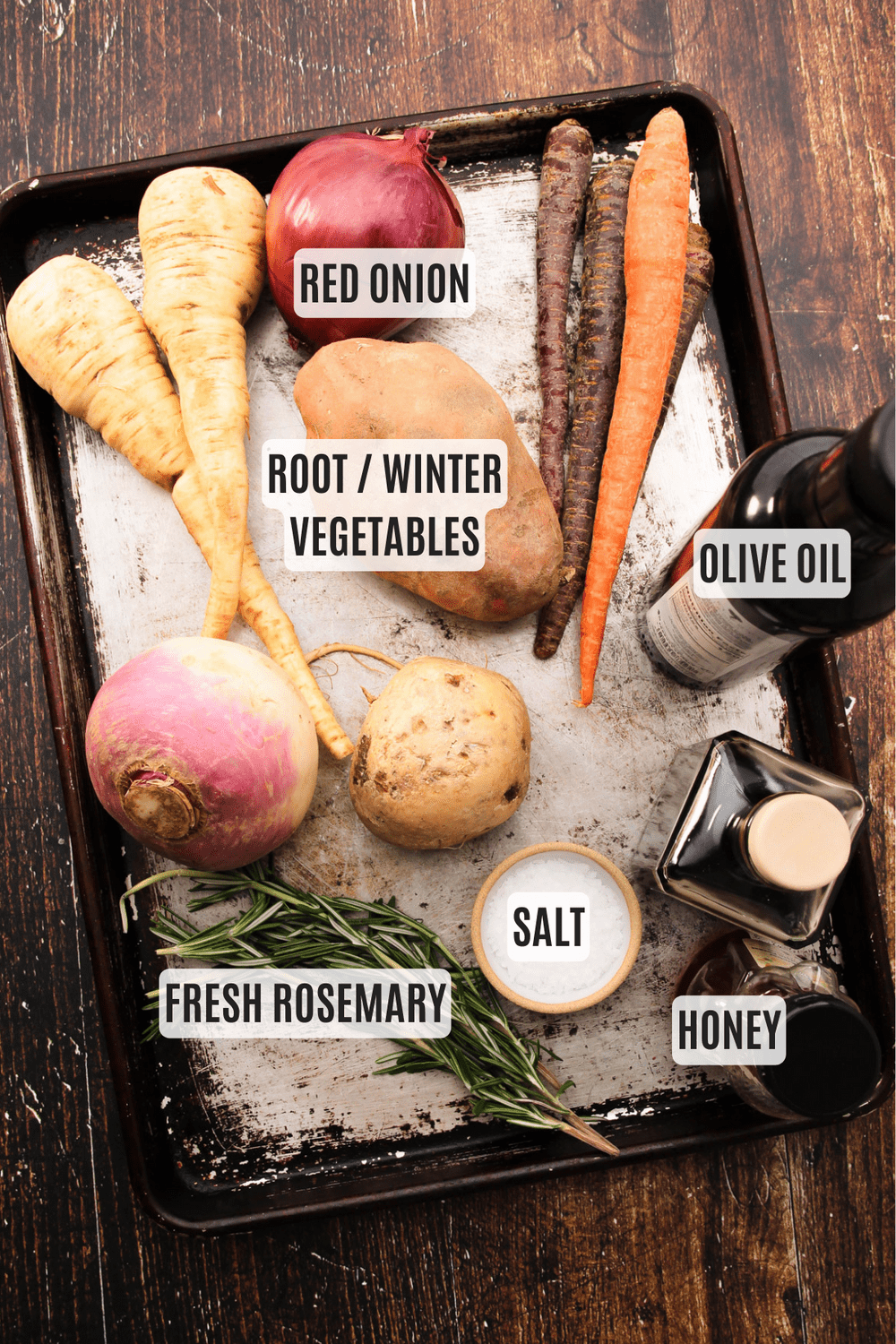 Ingredients for balsamic roasted root vegetables.