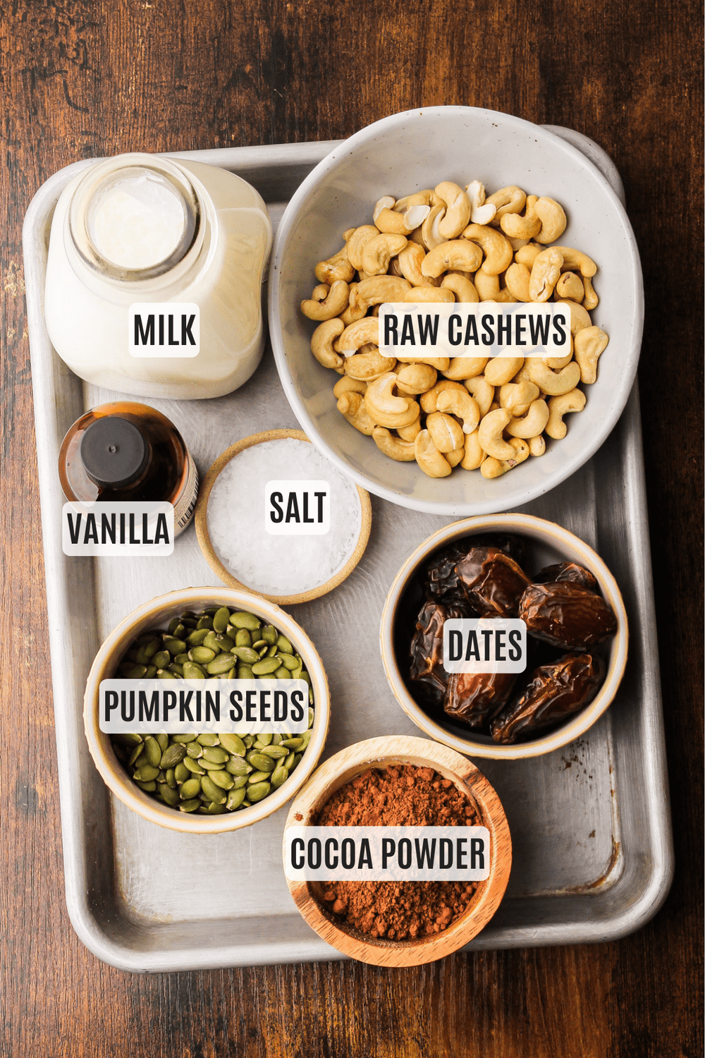 Labeled ingredients to make healthy chocolate milk with protein.