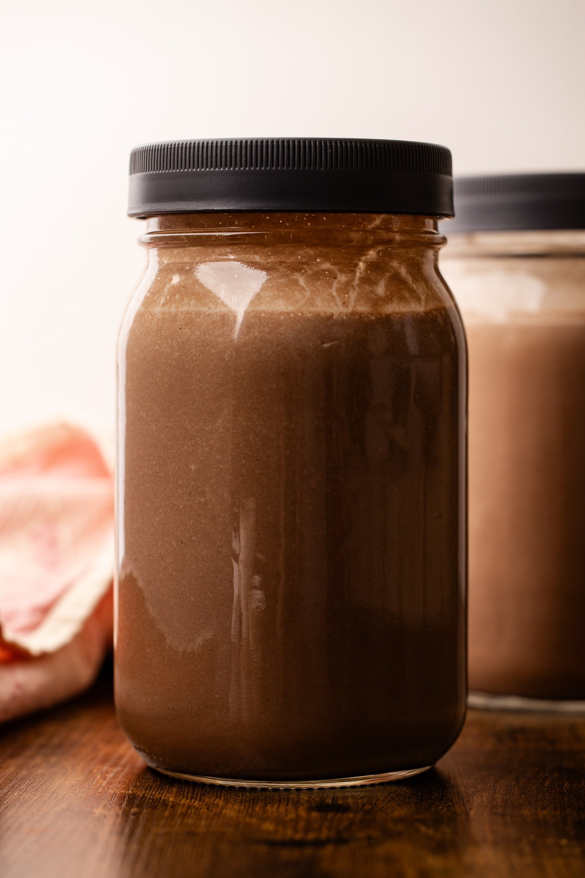 Healthy chocolate milk in a mason jar.