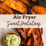 Sweet potato wedges cooked in the air fryer and served with an avocado dip.