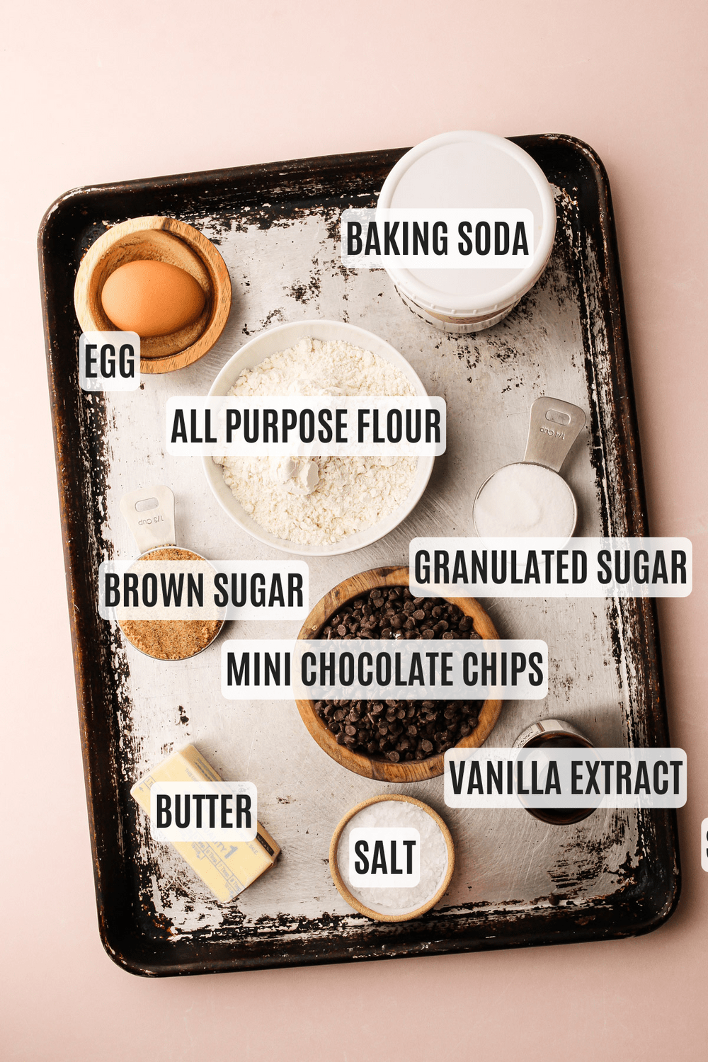 Ingredients for a chocolate chip cookie recipe made easy.