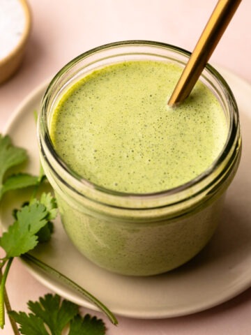 A jar of cilantro sauce.