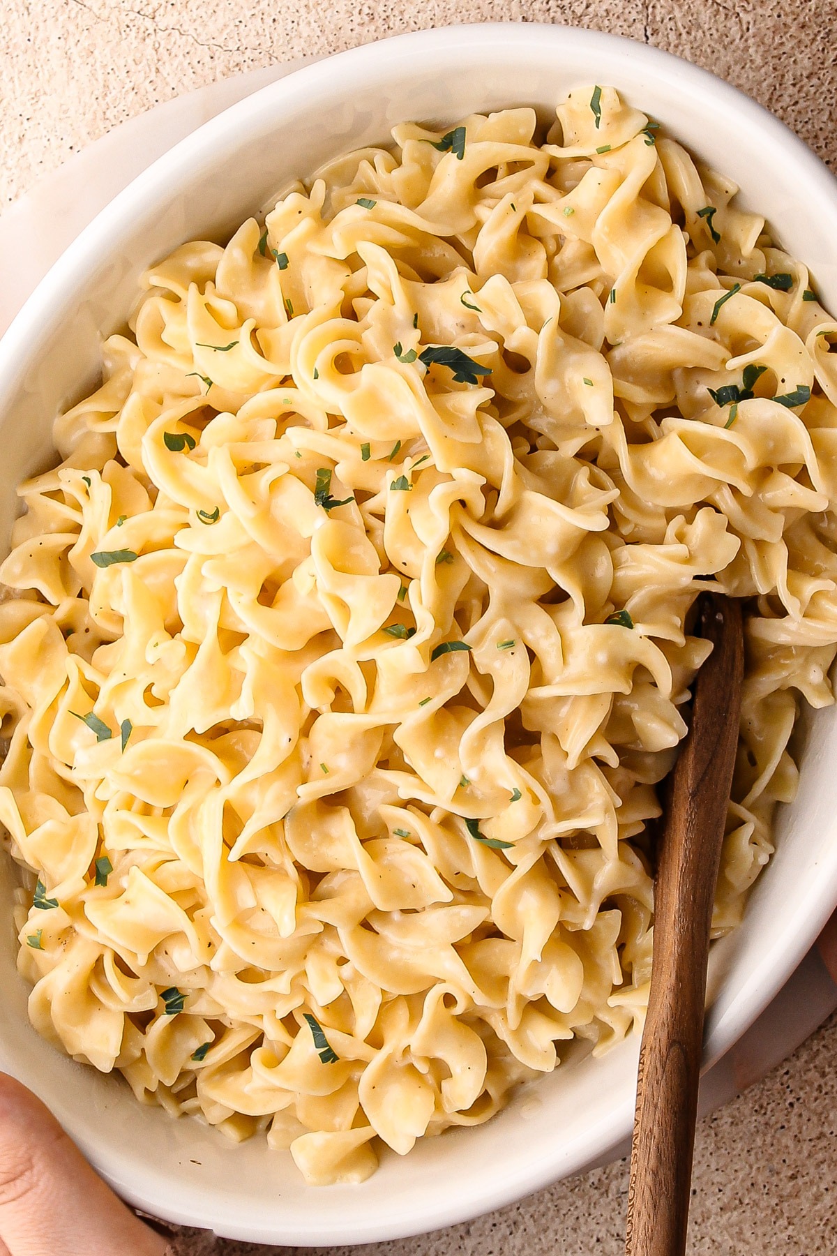 Buttery cheesy egg noodles with a sprinkle of parsley.