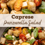 Caprese panzanella with garlic butter bread, cheese, and tomatoes, garnished with fresh basil.