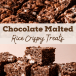 Chocolate malted rice crispy treats with a gooey, chocolatey texture.